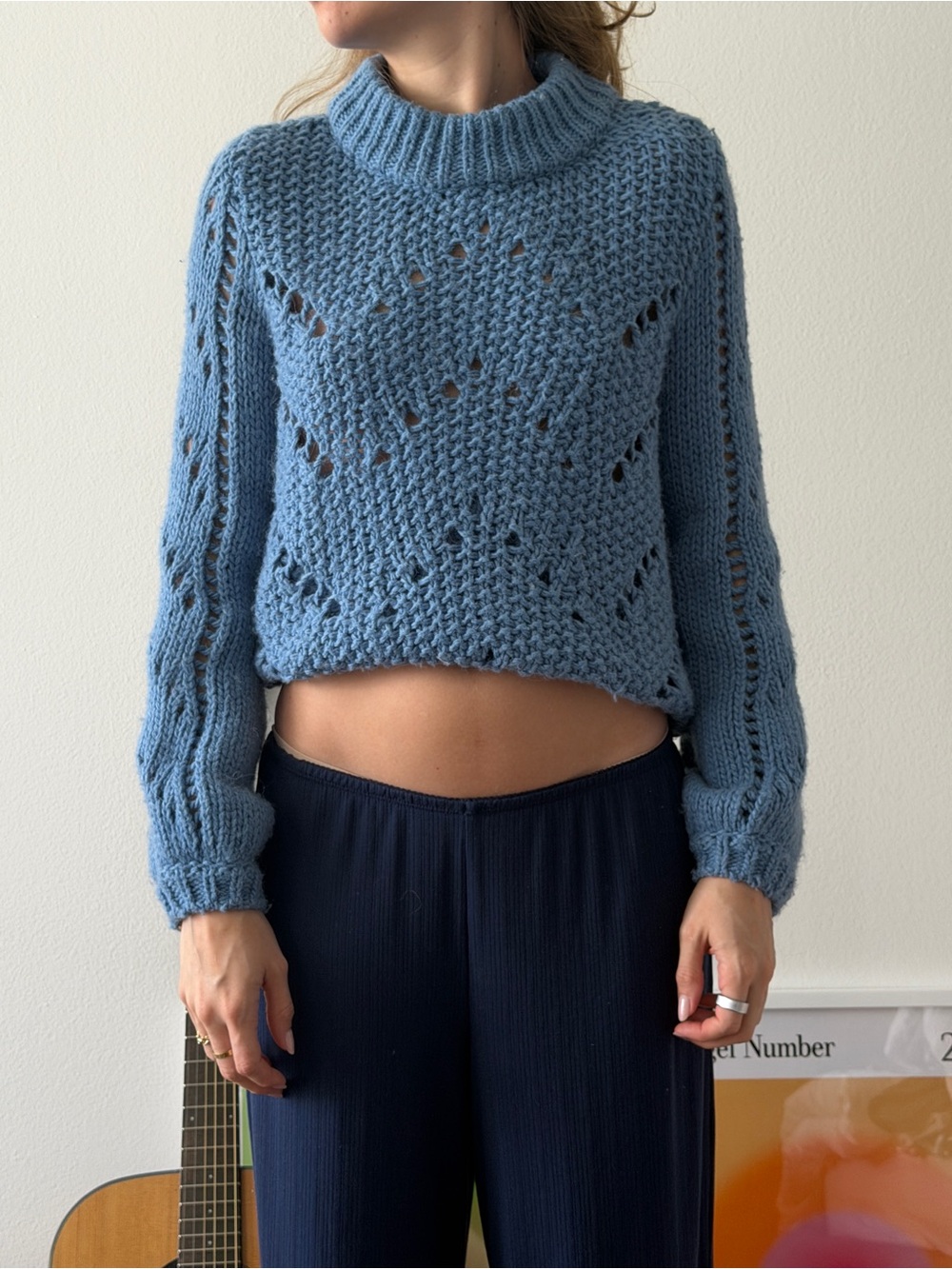 Blue Open-Knit Cropped Sweater - Women's Cozy Pullover